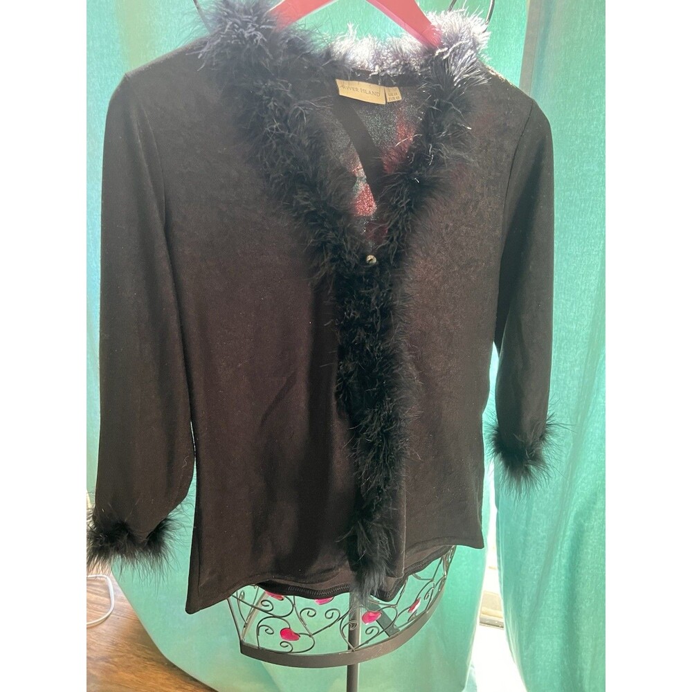 Vintage River Island Feather Trim 3/4 Sleeve Black Cardigan Size UK 14 US Large